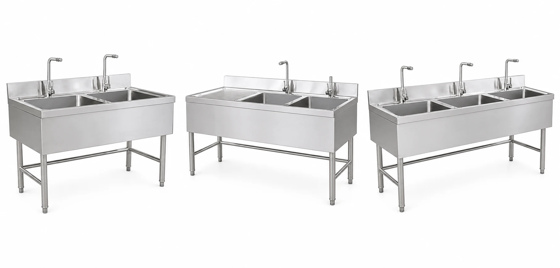 Stainless steel commercial sink unit with bowls and work surface