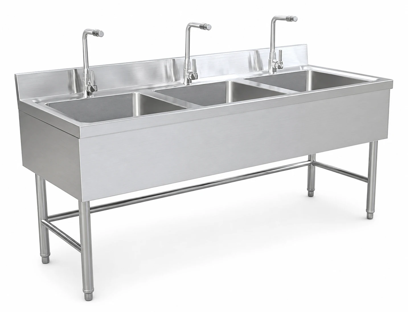 Stainless steel triple-bowl commercial sink unit