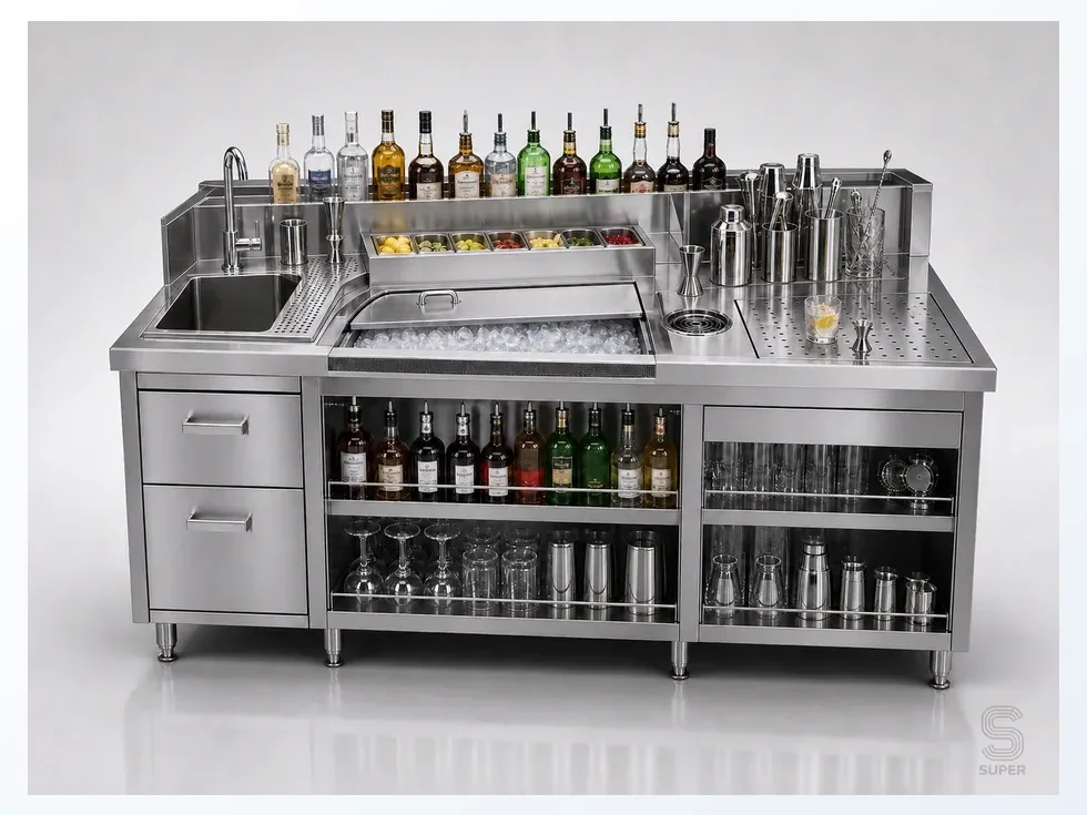 Custom stainless steel bartending station for commercial bar workflow