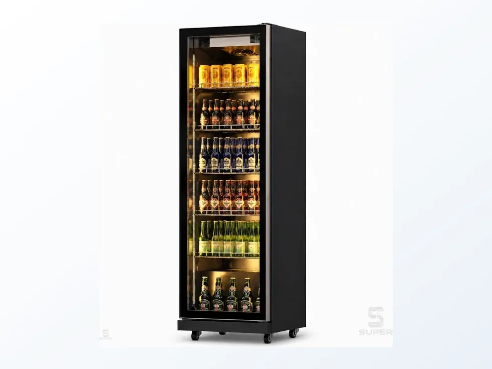 Black commercial beverage display refrigerator for beer and drink merchandising