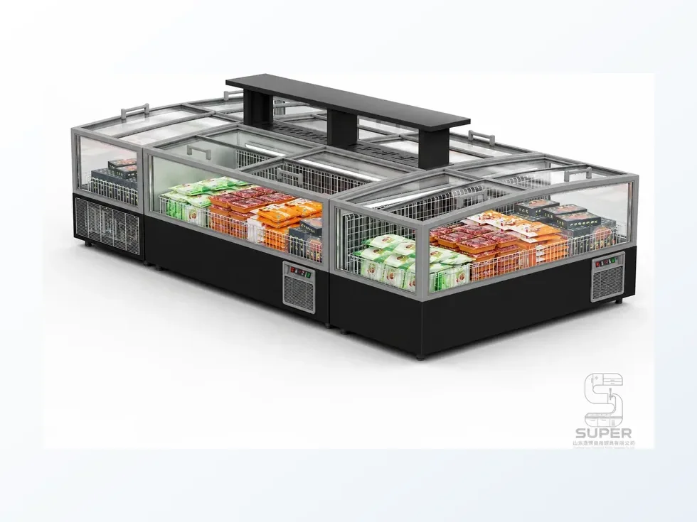 Commercial island freezer for supermarket frozen food display