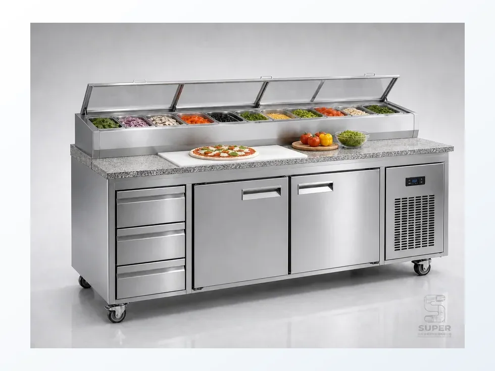 Commercial pizza and salad counter for food preparation and refrigerated storage
